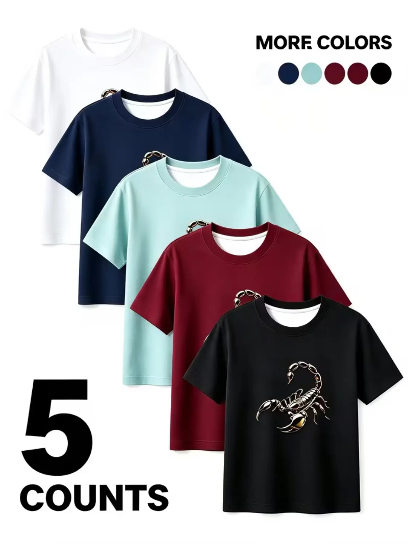 5 Pack Men's Short Sleeve T-Shirts with 3D Metal Scorpion Design All Seasons Casual Fitted Top Multi Color Streetwear Collection