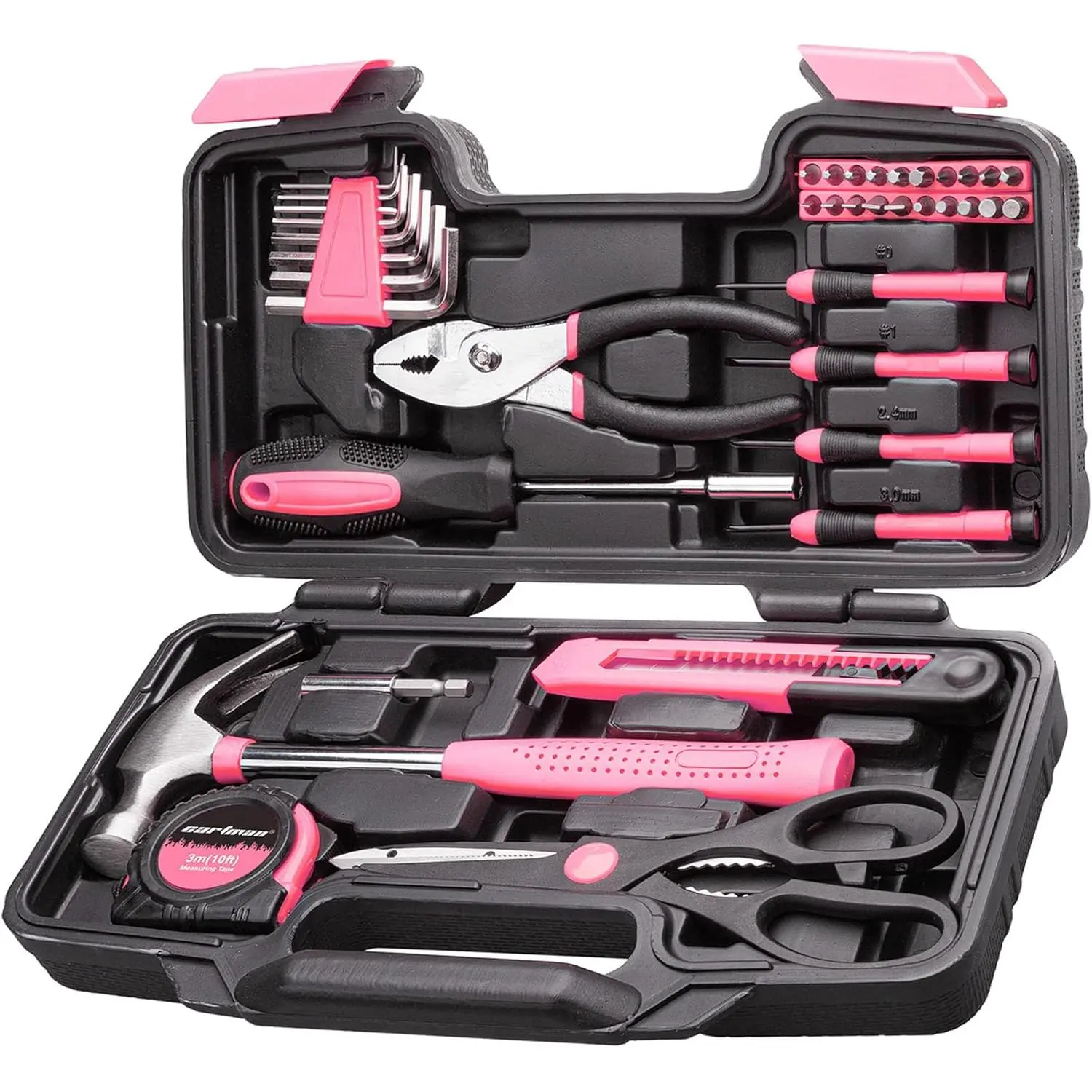 Toolbox Storage Case Pink  Includes all the tools you need for most small repairs and DIY projects, from a hammer, pliers and screwdrivers to a tape measure and many more.