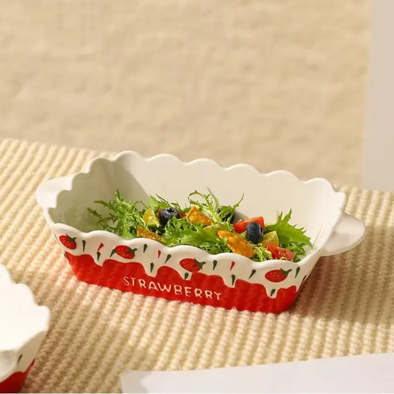 Cute Strawberry Ceramic Baking Dish, 10.6in Rectangular Lasagna Pan with Double Handles, Scalloped Edge Casserole Dish for Baking Cakes & Baked Rice, Oven & Microwave Safe