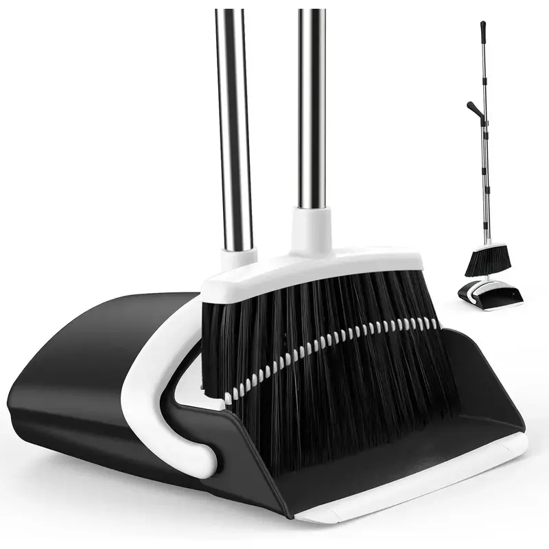 51-Inch Stainless Steel Long-Handle Broom and Dustpan Set, Adjustable Stand-Up Combo with Self-Cleaning Comb Teeth, Rubber Lip for Pet Hair Sweeping, Office/Home Use,,