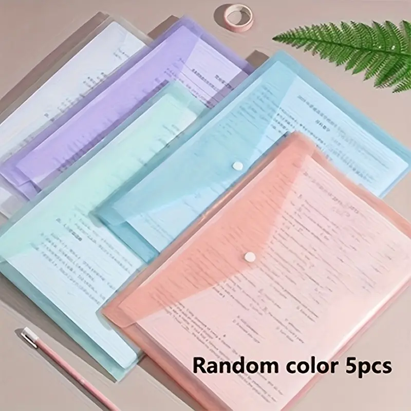 5 A4 Transparent Button Document File Bags, Modern PP Plastic Storage Pouches, Series, Ideal for School, Office, Home Organization