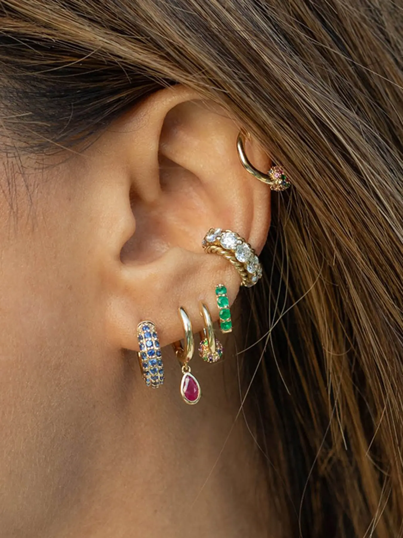 6Pcs Gold Plated Earrings Stack Set Women Rainbow Cubic Zirconia Hoop Ear Cuff Waterdrop Dangle Earrings Set Fashion Jewelry Sparkling Ear Jewelry Stacked Earrings Set