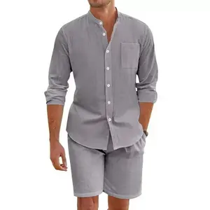 Men’s Casual Linen 2-Piece Set - Loose Fit, Breathable Plain Shirt & Shorts - Ideal for Home, Walking - Menswear, Mens Clothing, Multiple Colors, Excellent Gift Option - Beige Long Sleeve Apparel