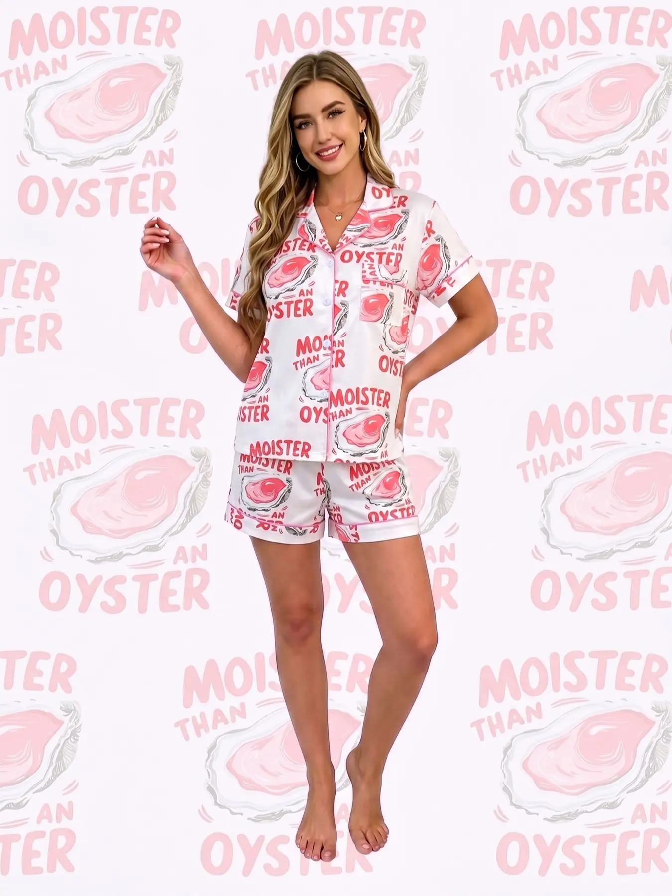 Women's 2-piece pajama set, white base with pink oyster cartoon and fun letter all-over print. Trendy casual style. Pink trim, lapel short sleeve top with pocket, elastic waist shorts, soft comfy loungewear for all-season daily wear