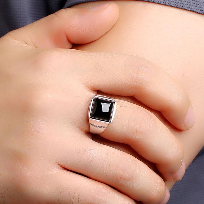 New silver advanced creative geometric diamond inlaid black agate gemstone men's lady domineering exaggerated adjustable ring