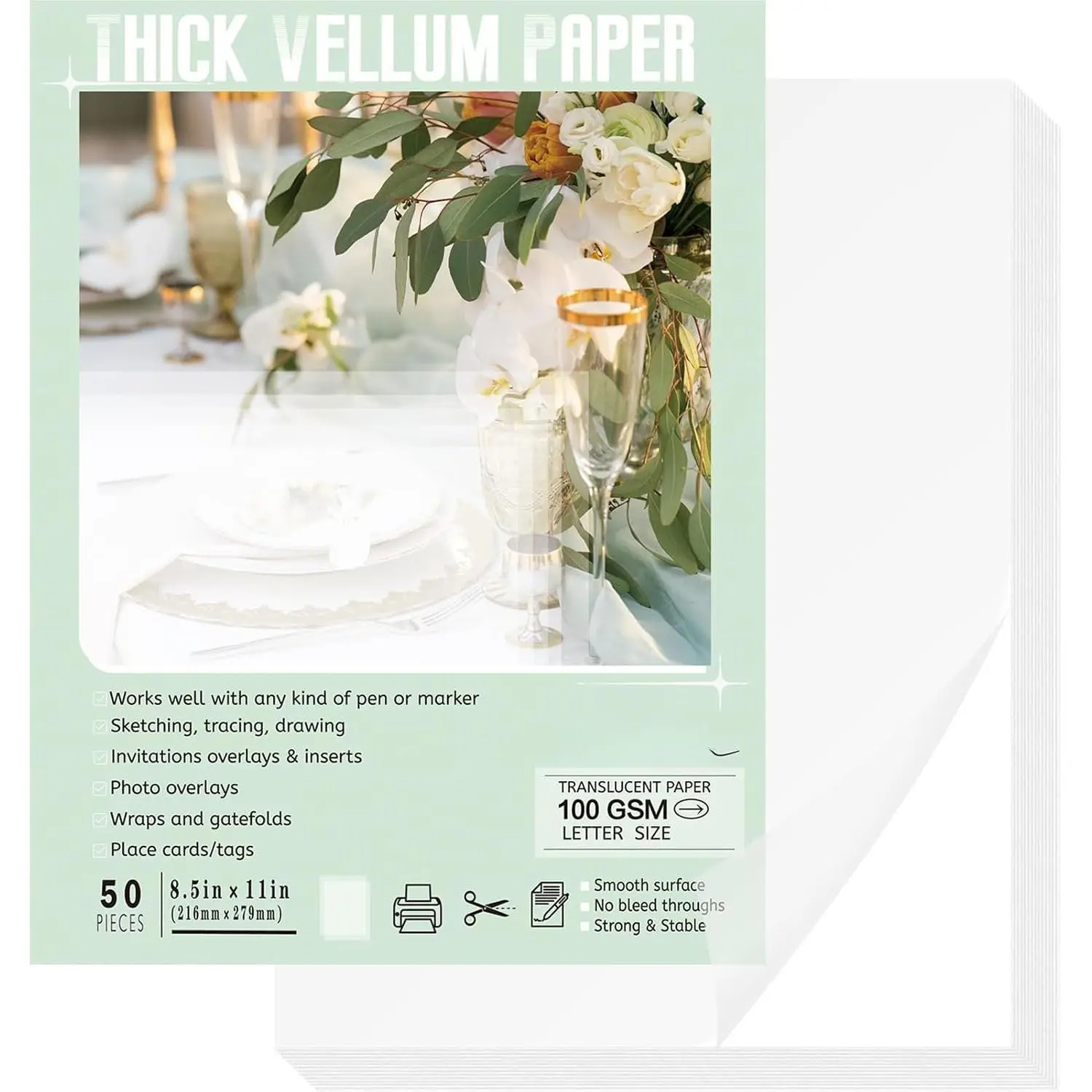 Vellum Paper, 8.5x11 Inches 100GSM 50 Sheets, Thick Translucent Inkjet Printer Paper for Crafters, Invitations, Tracing (Boasts Enhanced Translucence)