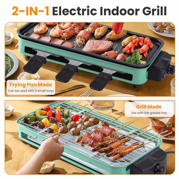 1500W Electric Indoor Grill 2-in-1 BBQ with Grill Net Removable Plate 5 Temp Control 3 Trays Dishwasher Safe for Indoor & Outdoor Parties