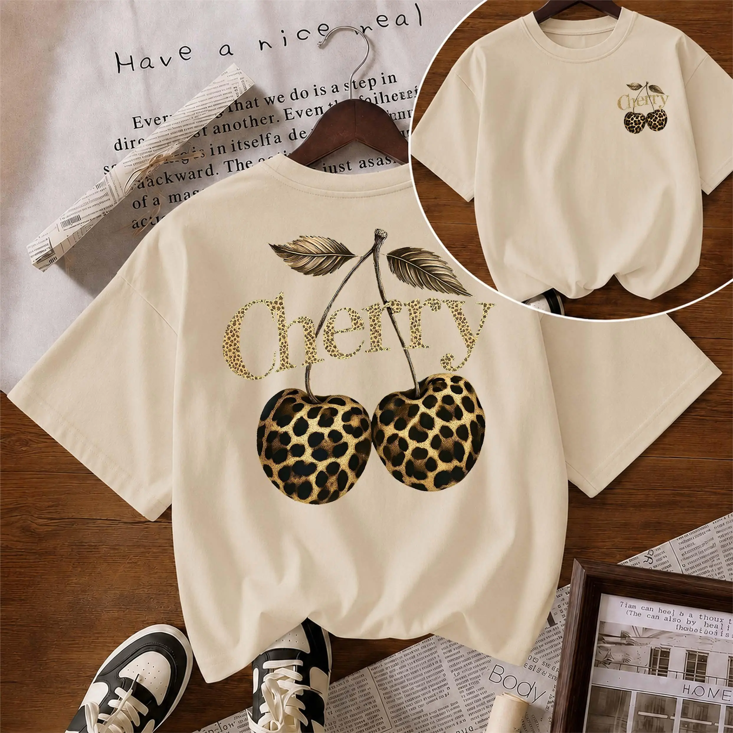 Women's Pure Cotton Short-Sleeve T-Shirt ("Leopard-print Cherry") — A Unisex Casual Staple, Particularly Ideal For Spring And Summer Wear. Featuring A Cool Graphic Design And A Classic Crew-Neck Cut, It Is Suitable For All Four Seasons.