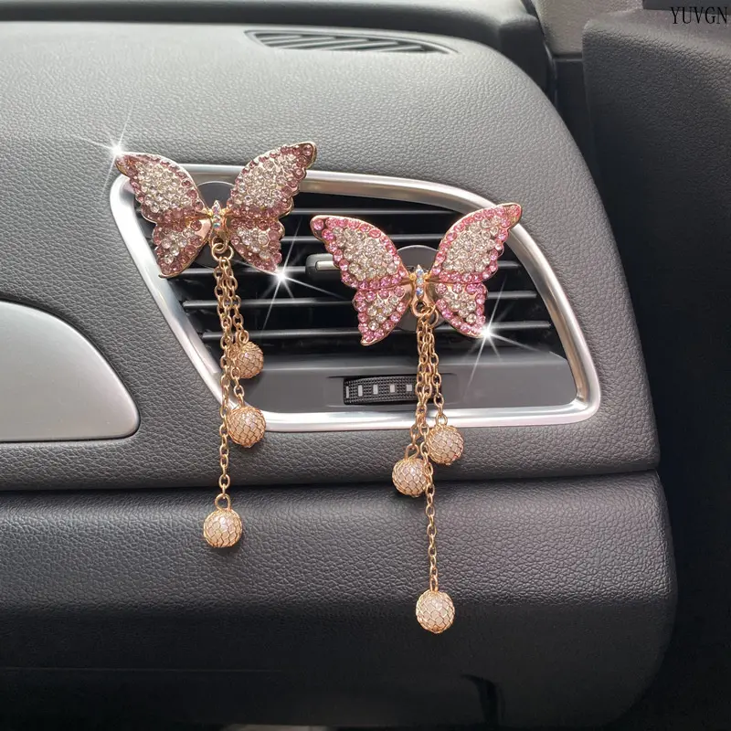 Pink Rhinestone Butterfly Car Air Vent Clip with Tassels, Unisex Bling-Style Metal Vent-Fit Ornament, Elegant Hanging Pendant Car Accessories for Vehicle Interior