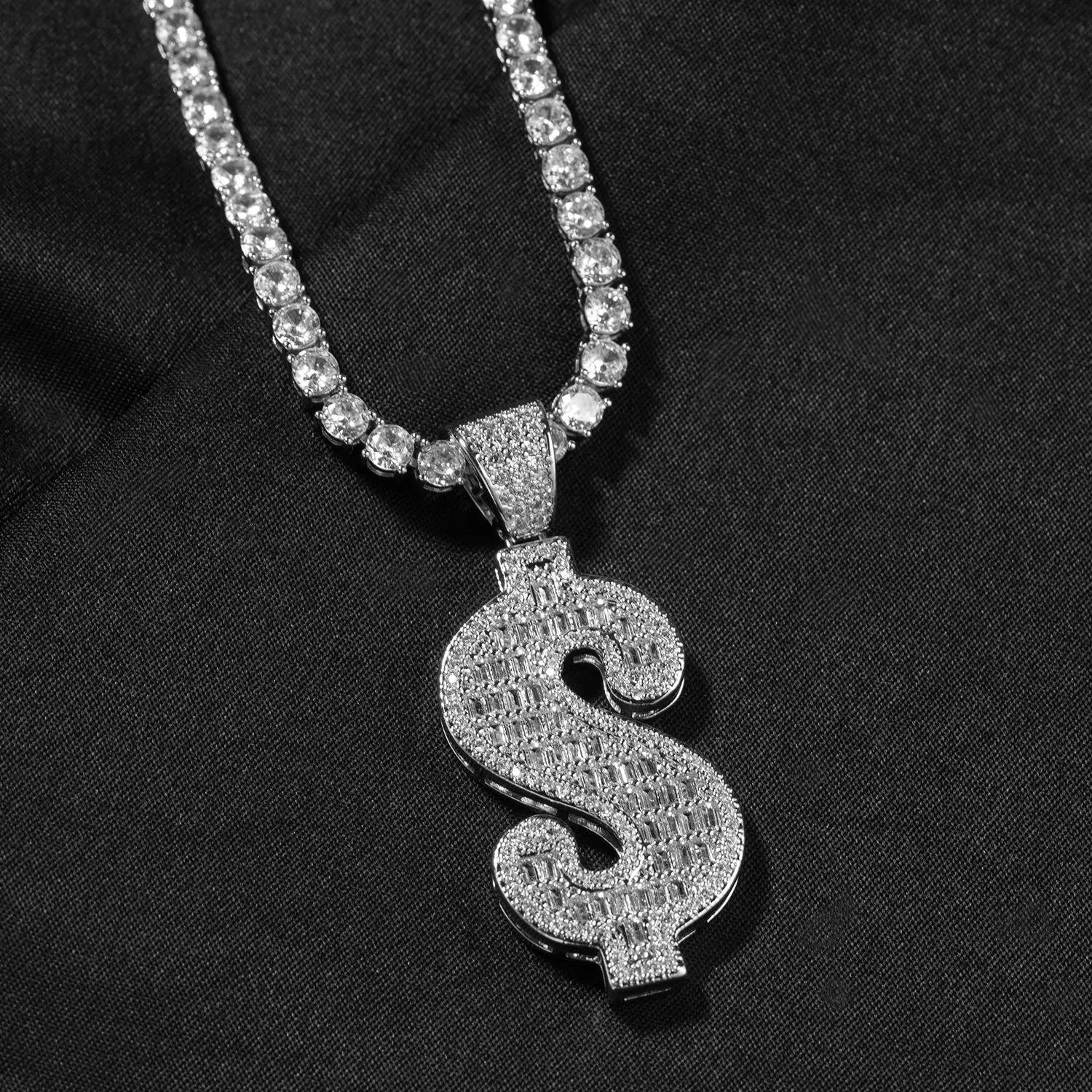 2-151 Hip Hop Copper Dollar Symbol Pendant with Inlaid Zircon, Collarbone Chain Coin Necklace for Men, Trendy Costume Jewelry Accessory, Coin Necklace Necklaces men's jewelry trendy costume jewelry