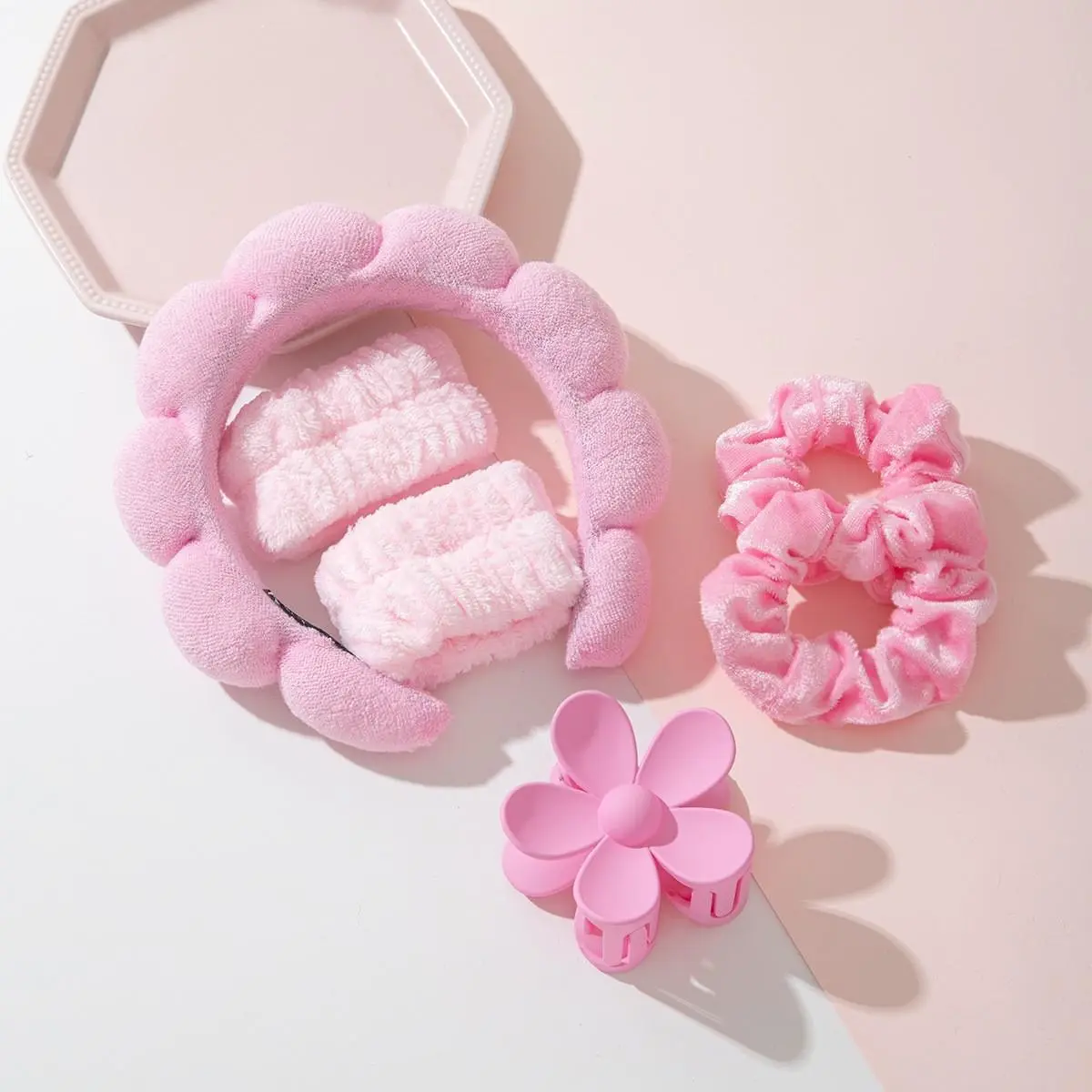 Cloud Bubble Fluffy Spa Headband Wristband Flower Claw Clip 3 In 1 Set Soft Coral Fleece Hair Wrap For Face Washing Skincare, Unisex, Facial Mask, No Slipping, One-Size-Fit-All