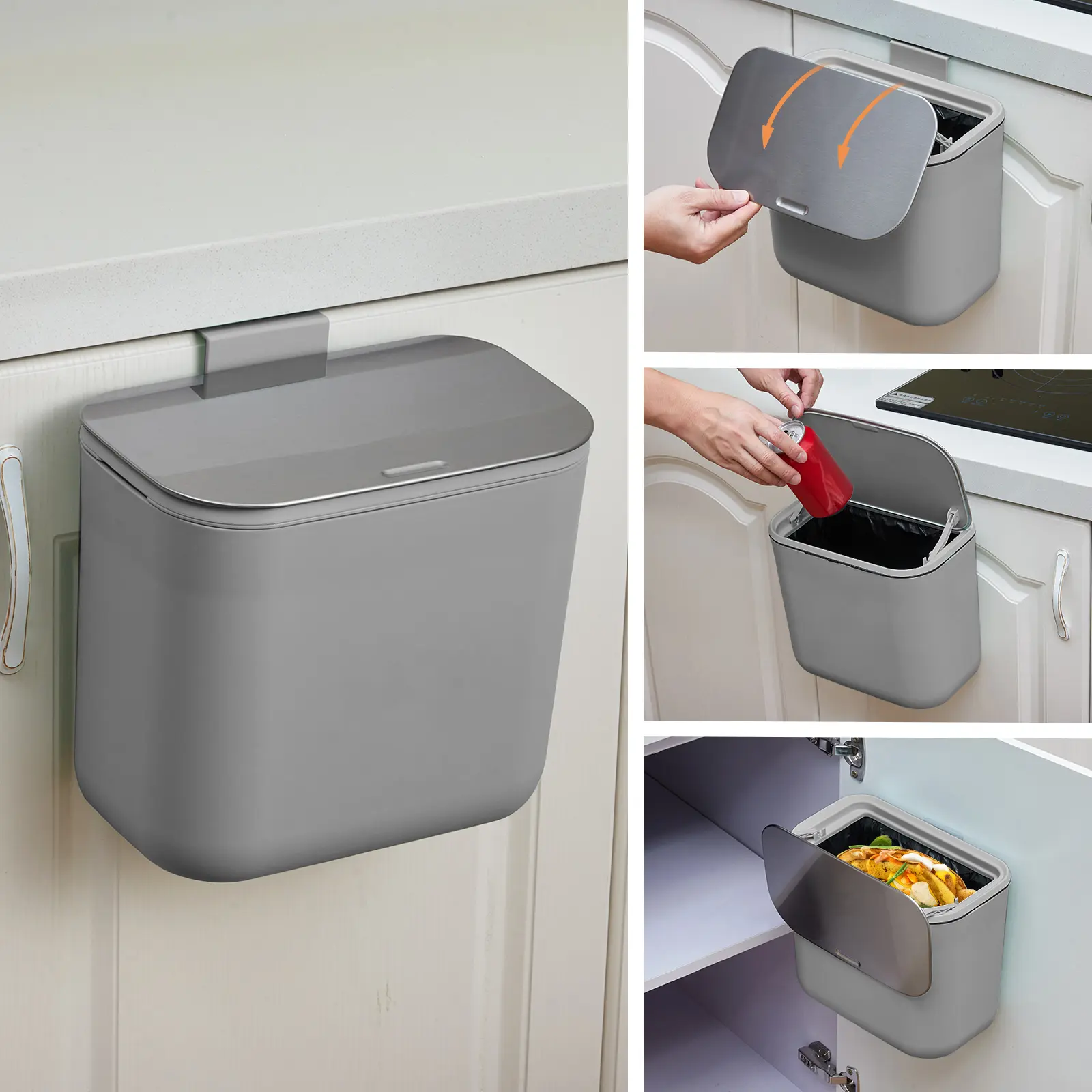Odor-Proof Hanging Compost Bin with Stainless Steel Lid – Space-Saving Kitchen Trash Can with Removable Inner Bucket – For Cabinet Door, Under basin, Countertop, Food Waste & Recycling, RV, Bathroom, Office