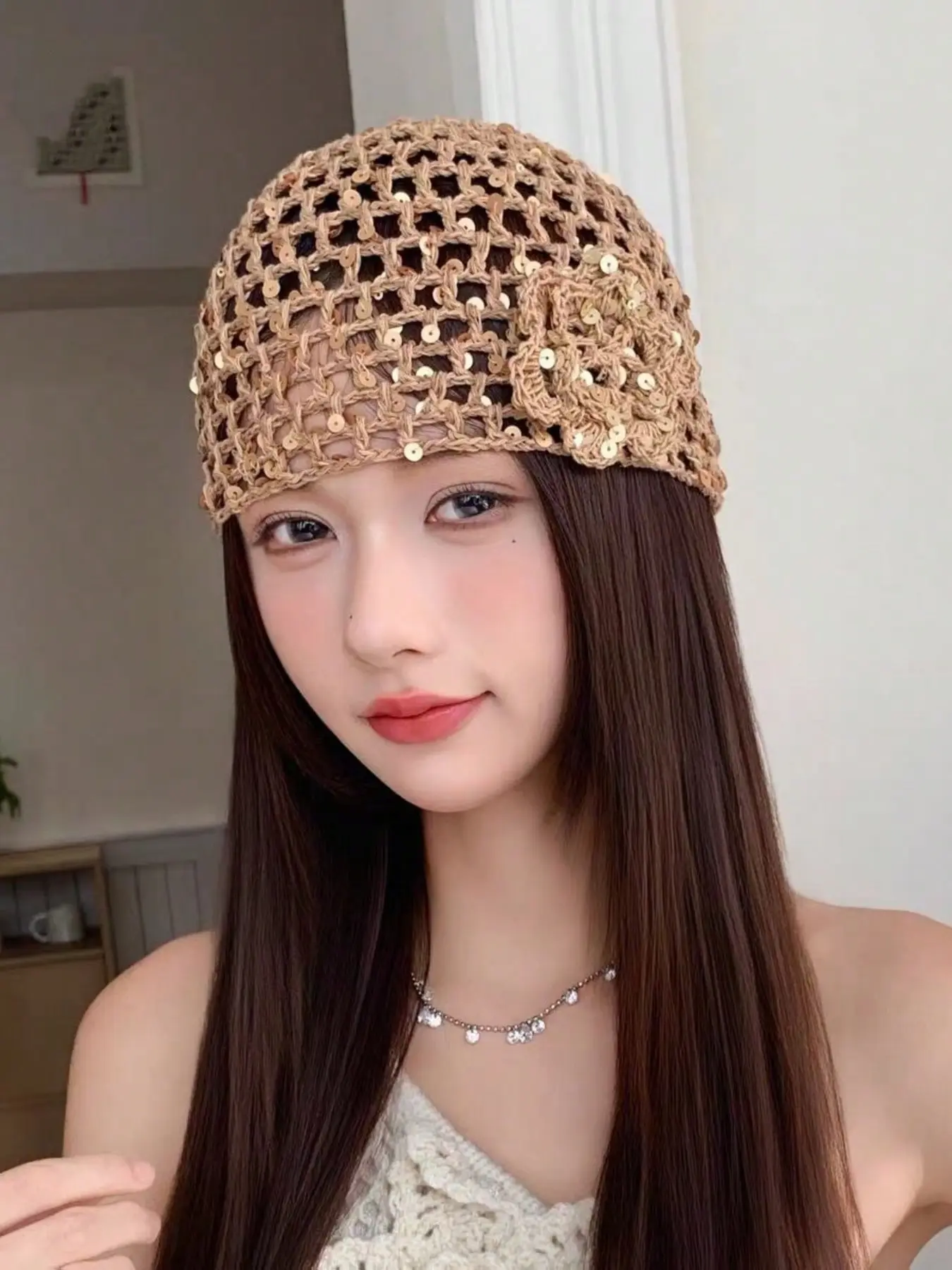 Bohemian Handmade Crochet Headband with Sequins and Flower Decor, Unique Fashion Accessory, Perfect for Stylish