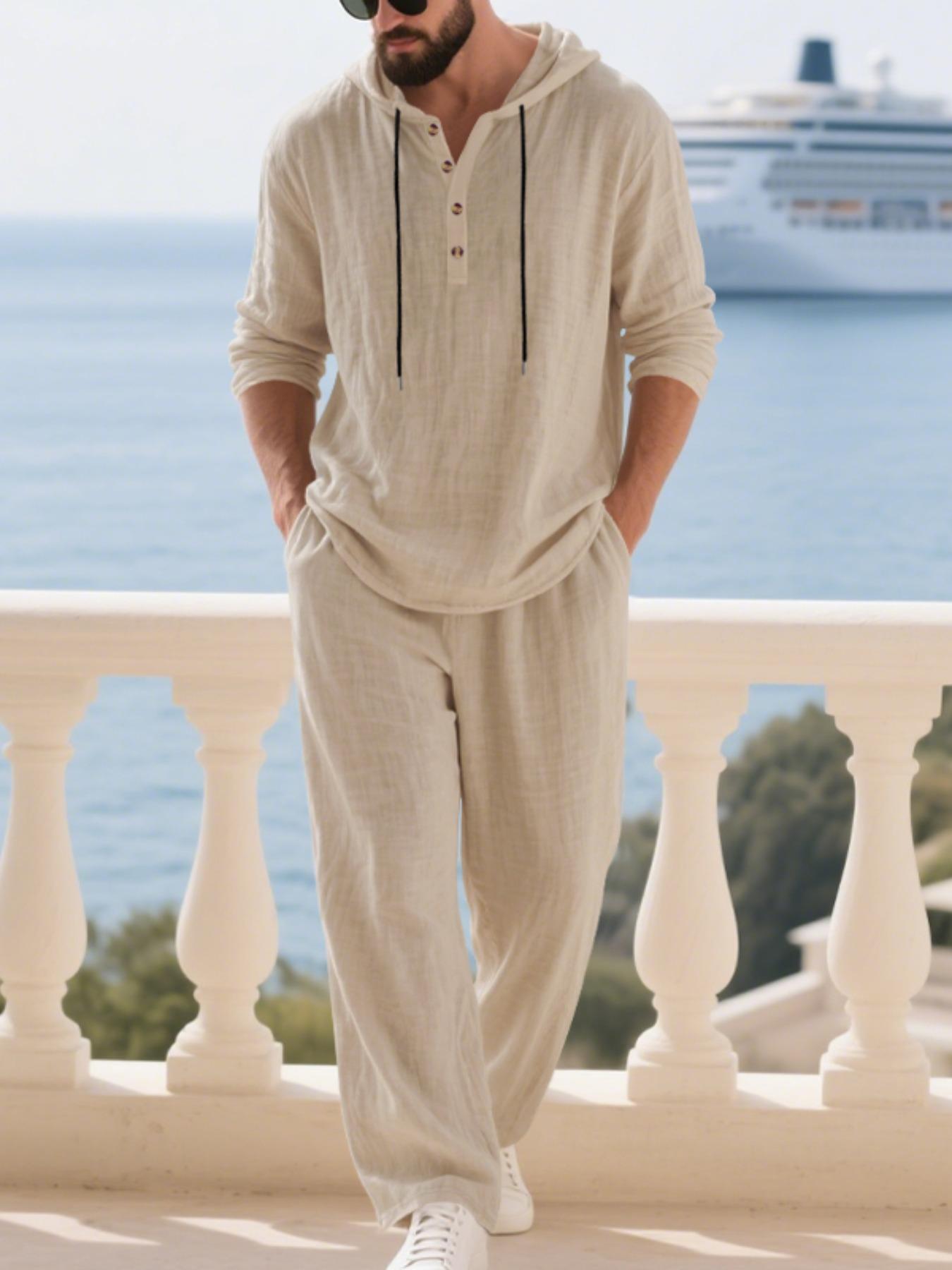Men's Trendy Linen Hooded Two-Piece Set, Casual Vacation Style, Loose Fit Breathable Fabric, Long Hoodie & Wide-Leg Pants, Spring & Fall Wear Men's Trendy Linen Hooded Two-Piece Set, Casual Vacation Style, Loose Fit Breathable Fabric, Long Hoodie & Wide-Leg Pants, Spring & Fall Wear