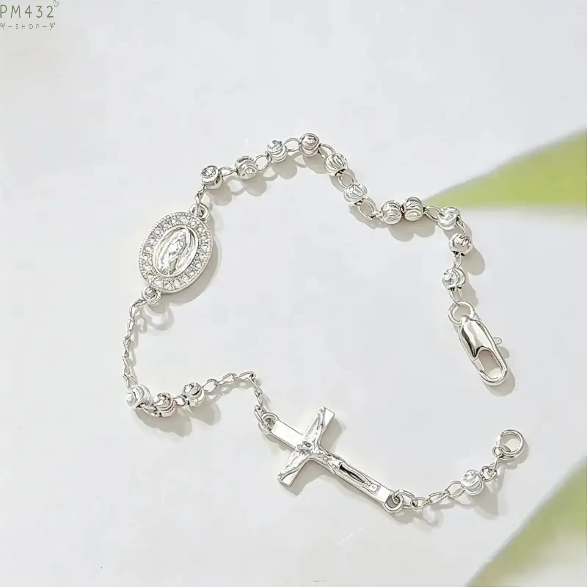 Silver Rosary Bracelet for Women, CZ Beaded Chain Bracelet with Cross Charm & Guadalupe Medal, Adjustable Faith Inspired Religious Jewelry, Dainty Prayer Bracelet Gift for Baptism, First Communion, Confirmation & Daily Wear