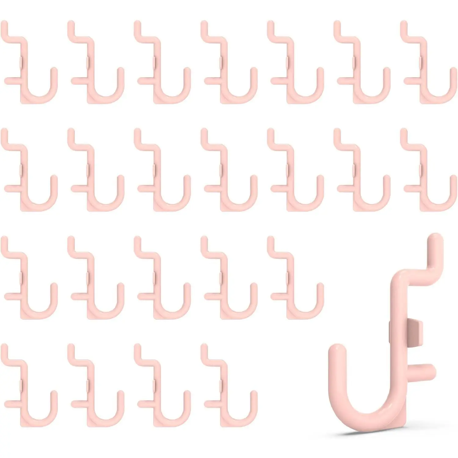 100PC Pink J Shape Plastic Pegboard Hooks for 1/4 Inch Pegboards | Snap In Hooks with 15 lb Capacity for Jewelry, Crafts, Keys, Cables, Tools, Garage Organization and Retail