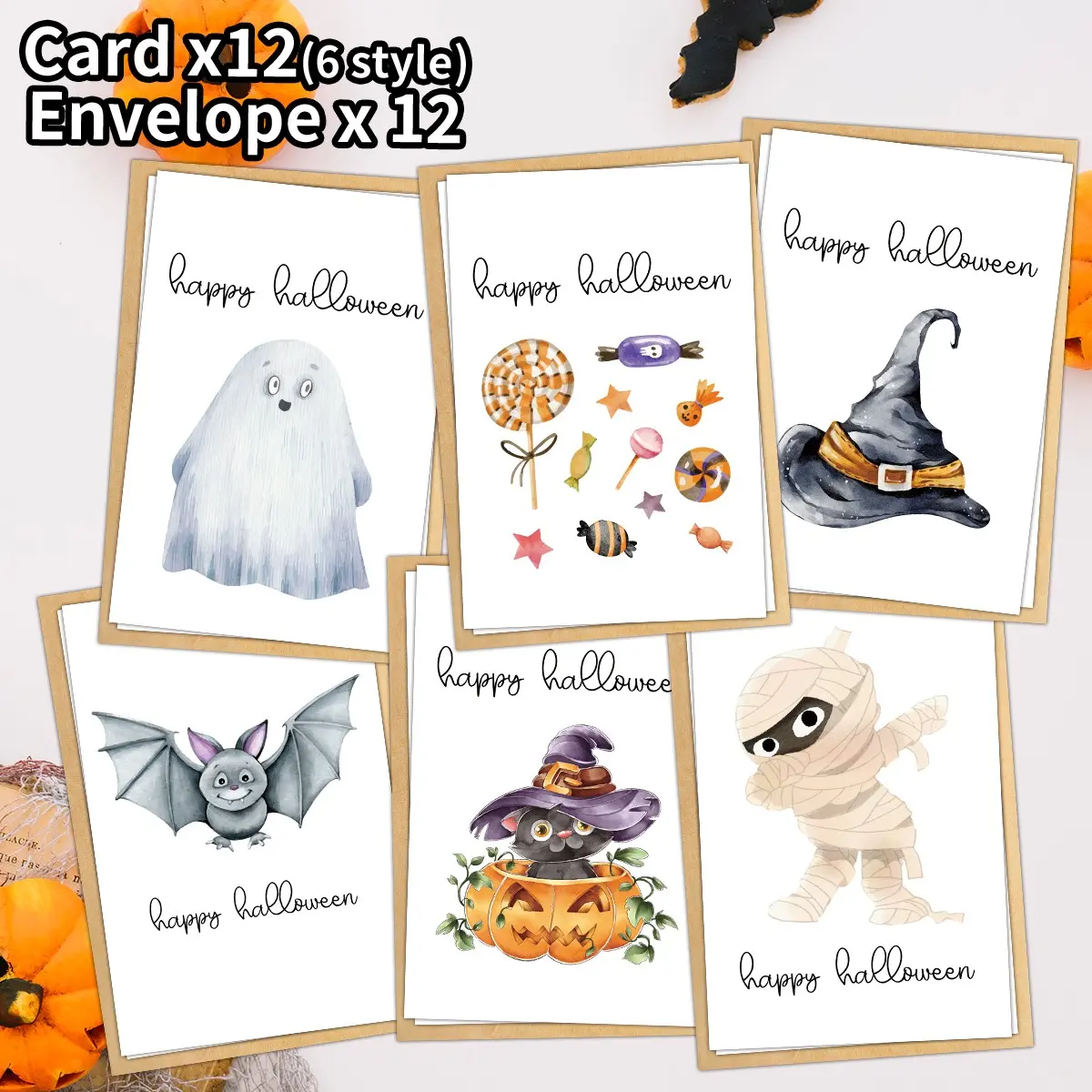 12pcs Happy Halloween Greeting Cards with Envelopes, Cute Black Cat Witch Hat Mummy Ghost Bat Pattern Halloween Celebration Card for Friends and Family, Halloween Decorations