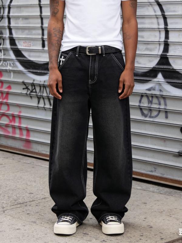 Pocket Embroidered Loose-Fitting Wide-Leg Jeans, Y2K Street Retro Trendy Denim Jeans, All Seasons Fashion for Unique Style