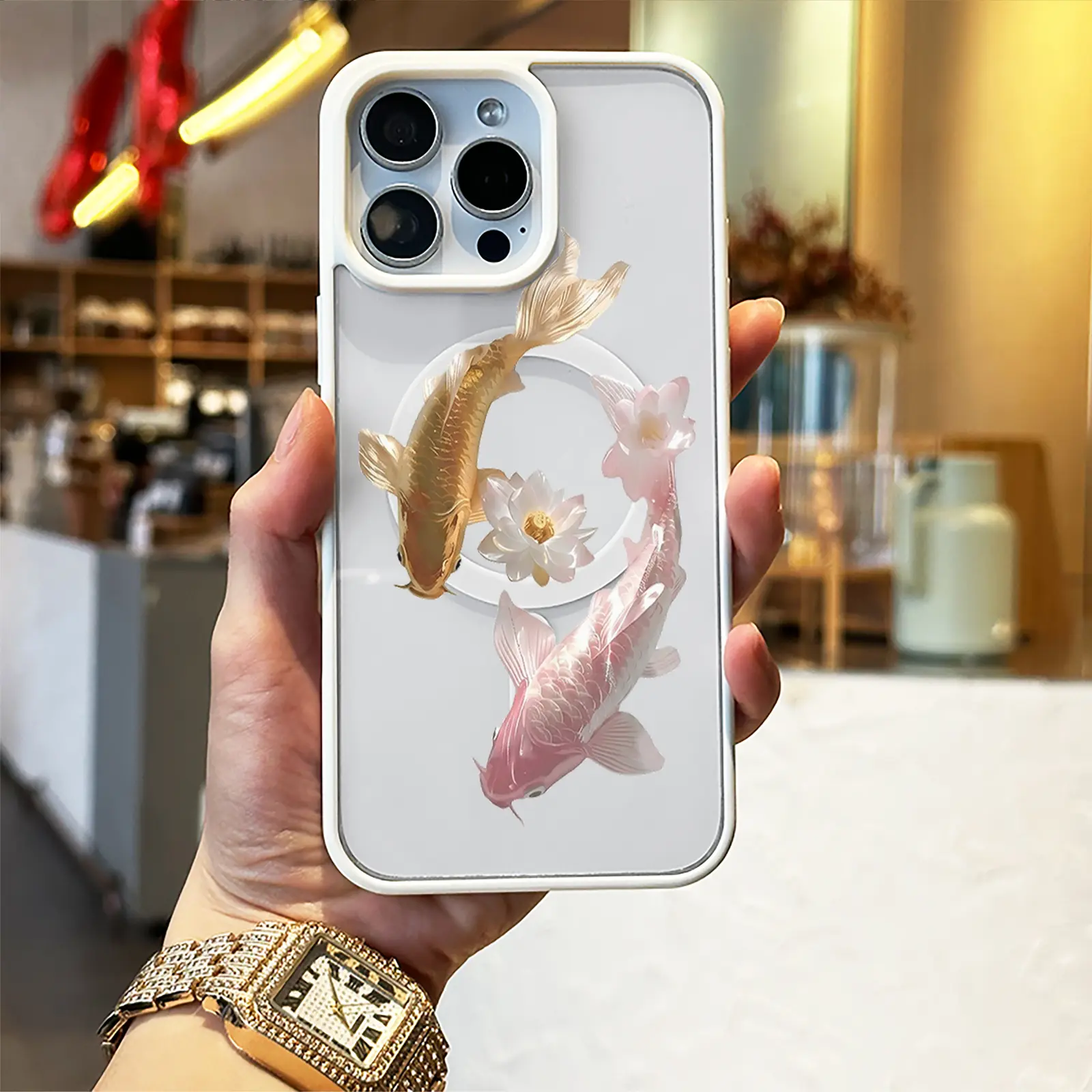 Clear Shell Gold Pink Lucky Koi Water Lily Phone Case,Minimal Eastern Blessing Design for iPhone11-17Pro Max Hot-selling Anniversary Blessing Gift for Besties