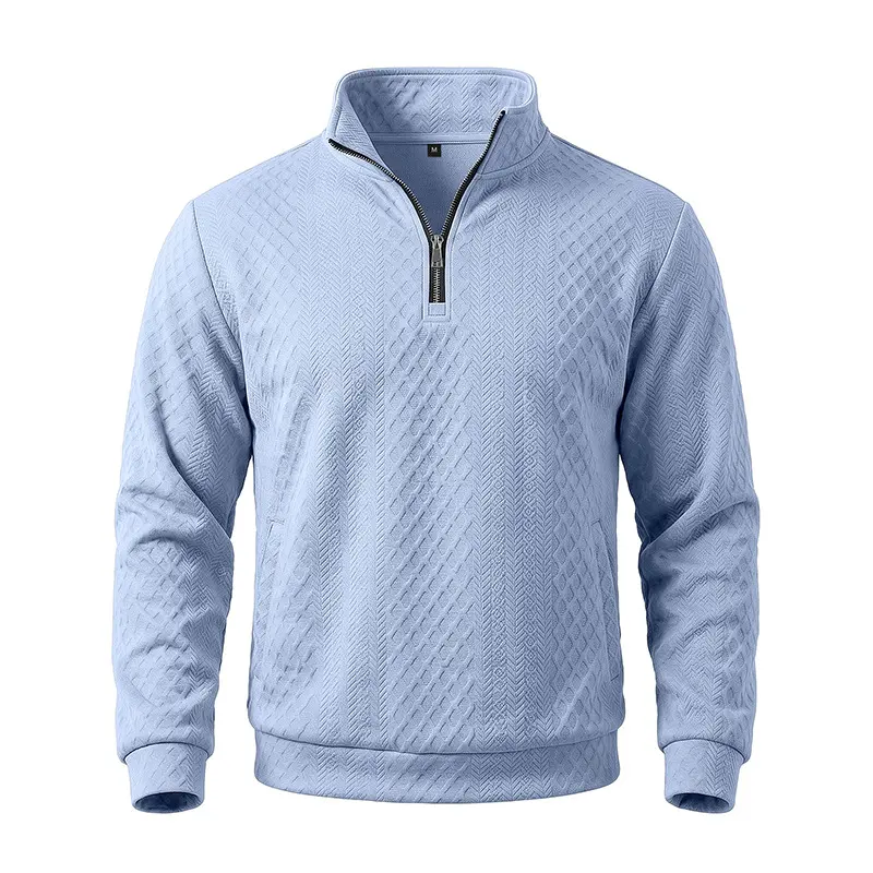 Men’s Minimalist Textured Jacquard Knit Half-Zip Sweatshirt - Relaxed Fit, Stand Collar, Long Sleeve Pullover Top, Fabric Menswear Knitwear, Athletic Hoodie Alternative for Fall Winter Daily Wear, Outdoor Activities, Soft