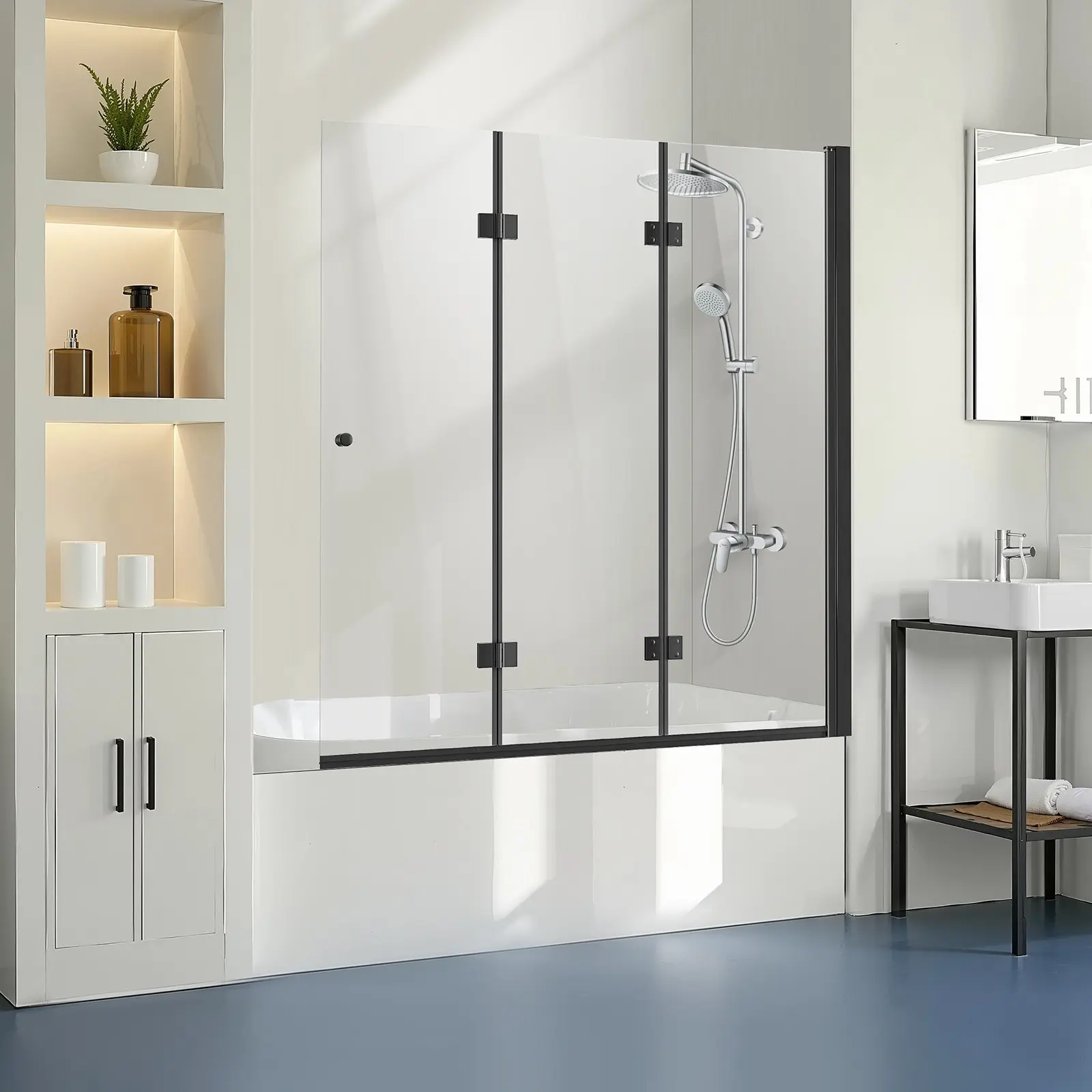 VEVOR Bathtub Shower Door, 51 in. Wx 56 in. H, Frameless Foldable Hinged Shower Door, Tri-Fold Shower Glass Door with 1/4 in Tempered Glass Door, 180Rotating and Folding Design, for Bathtub, Black
