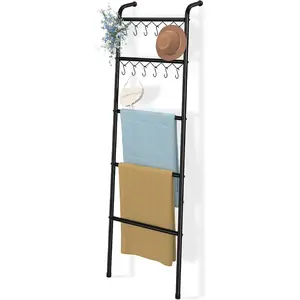 Blanket Ladder, 5 Tier Metal Towel Rack with 12 Hooks, 79'' Metal Style Decorative Ladder for The Living Room Bedroom Bathroom Home Decor, Black