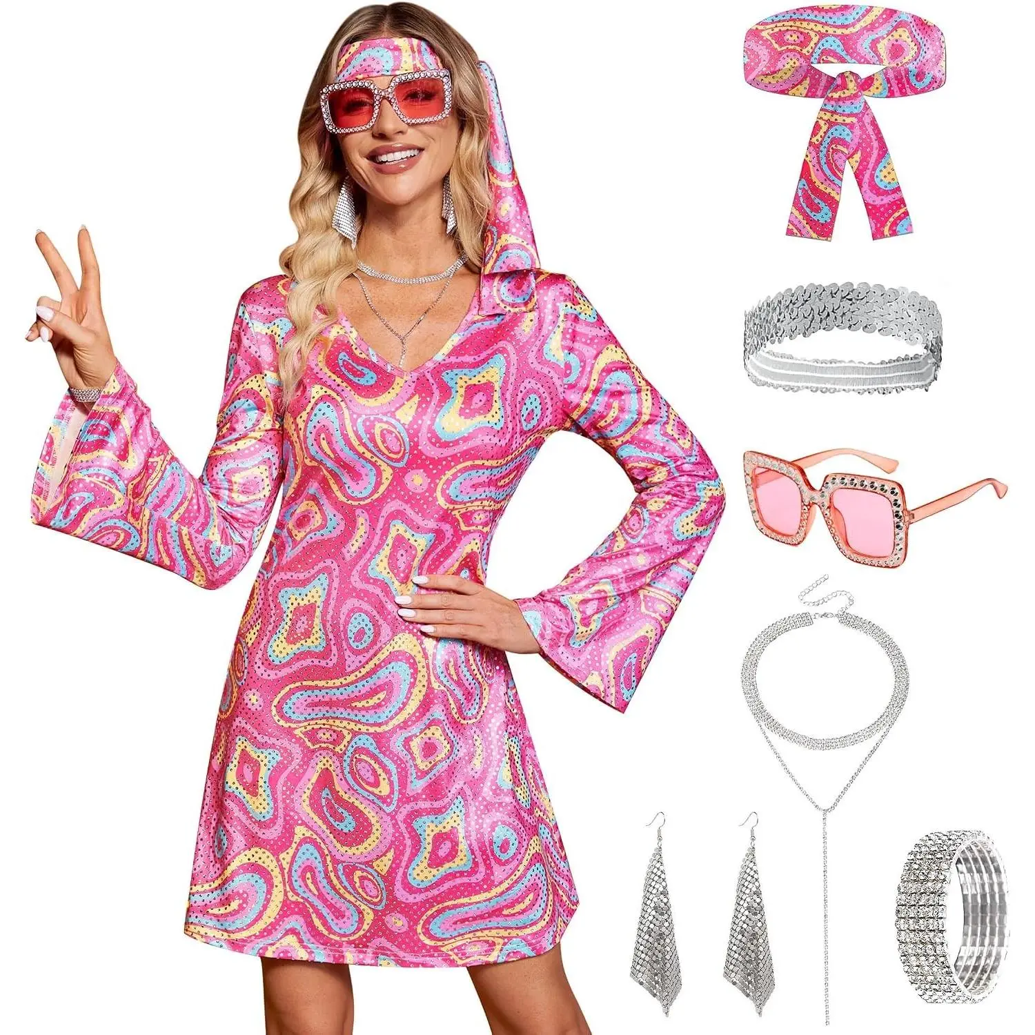 Women's 7 Pcs Sequin Disco Dress Costume | 70s 80s Hippie Flared Sleeves Go-Go Dancer Outfit, Glitter Mini Dress for Halloween Party Decades Day(Gift)