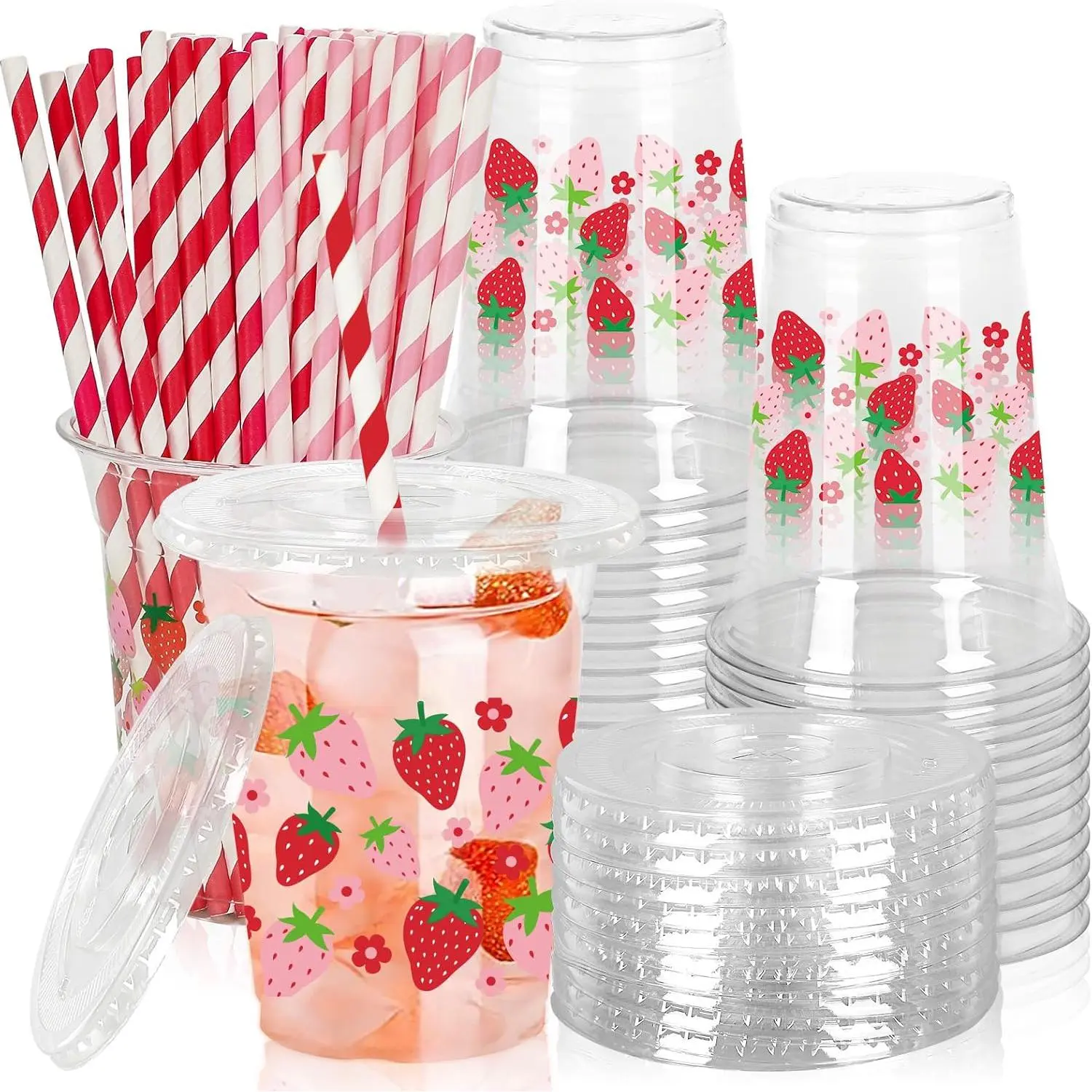 50 Pcs Strawberry Plastic Cups with Lids and Straws Pink Red Fruit Flower Clear Plastic Cups 12 Oz Disposable Cup for Summer Spring Party Supplies,Personalized