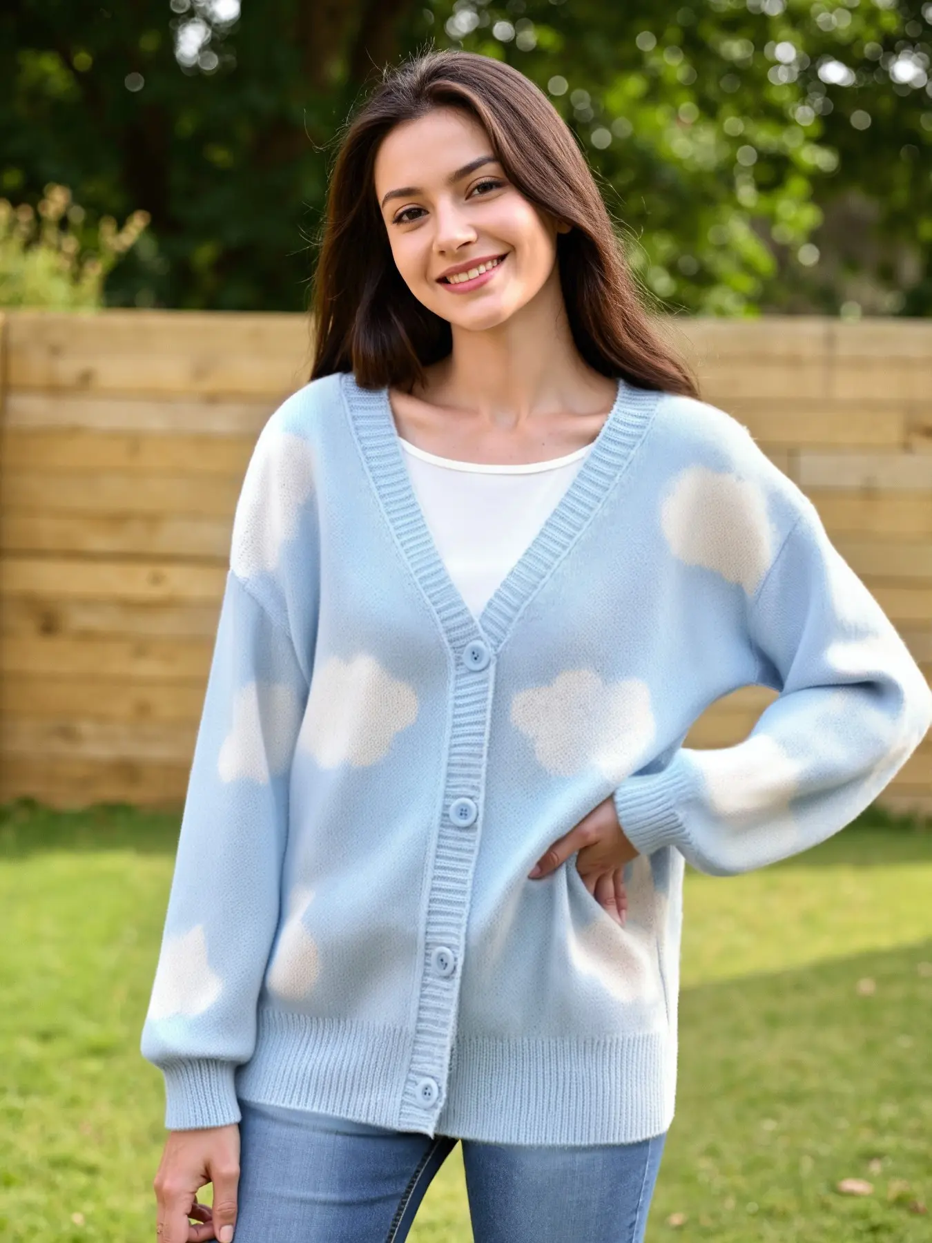 Healing Sky Blue Cloud Print Knit Cardigan, Soft Loose V-Neck Button Front Long Sleeve, Fall Winter Casual Knitted Outerwear