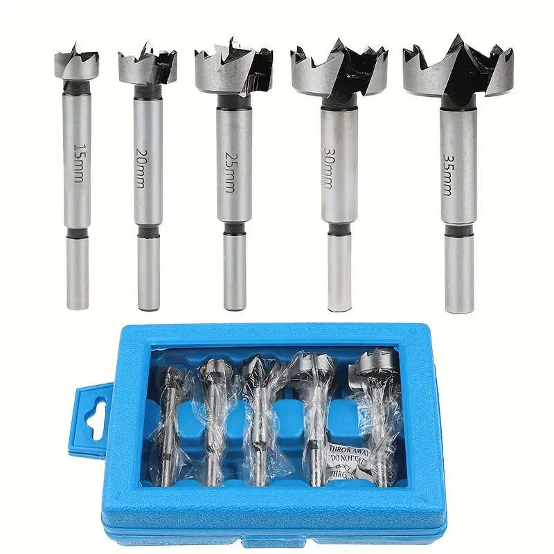 5-Piece High Carbon Steel Flat Wing Drill Set, Wood Board Hinge Mortise Driller, Hole Sizes 15/20/25/30/35mm, Ideal for Woodworking