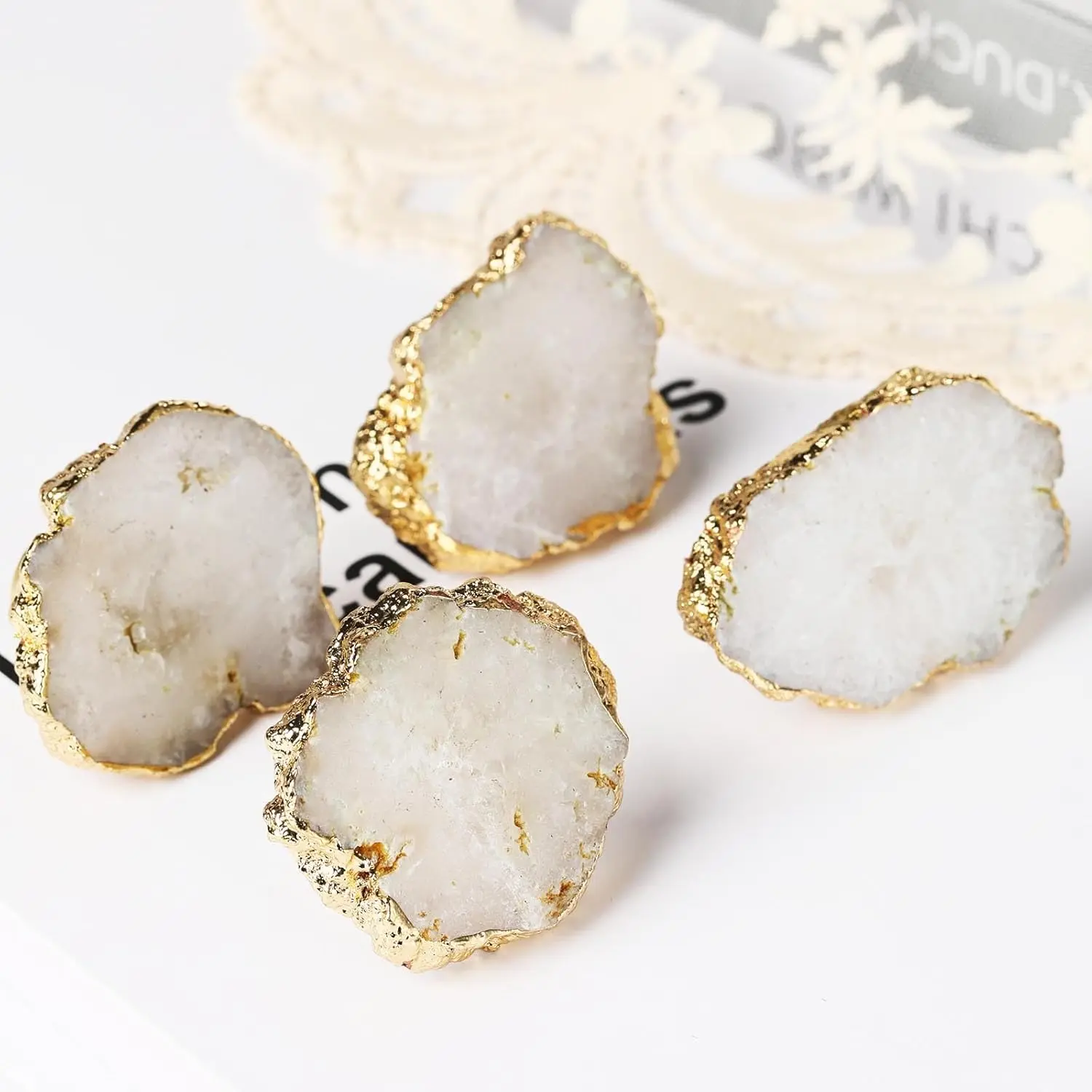 White Geode Cabinet Knobs  Stone Drawer Knobs Handles Decorative  Plated  Cupboard Pulls for  Office Decor 4 Pack