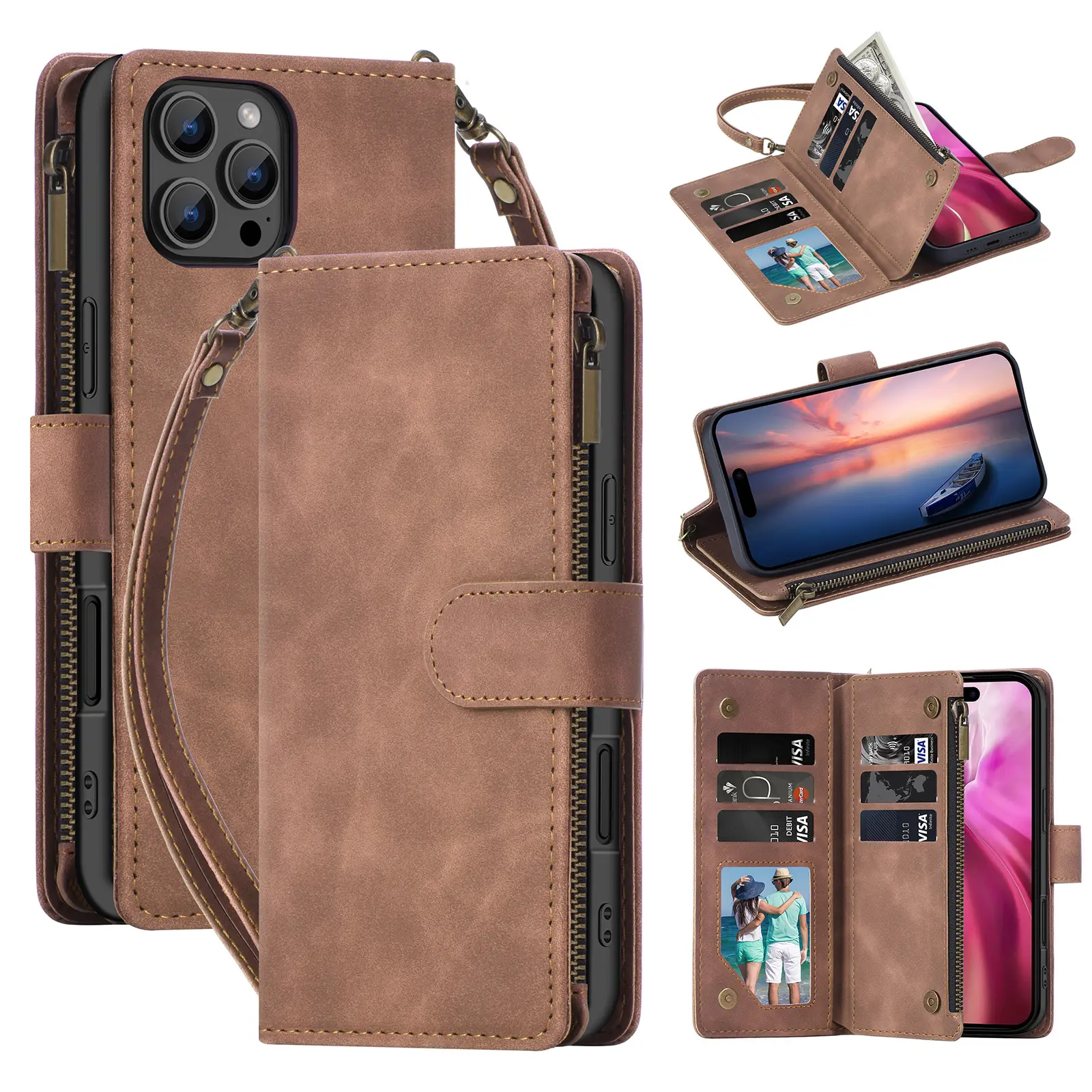 (Case & Nova.)Vintage Suede Leather Zipper Wallet Phone Case, Multi    other  Card Slots Kickstand Flip Magnetic Protective Cover with Wrist Strap for iPhone 17 Pro Max, 16 Plus, 15, 14, 13 shockproof durable protective case invisible stand