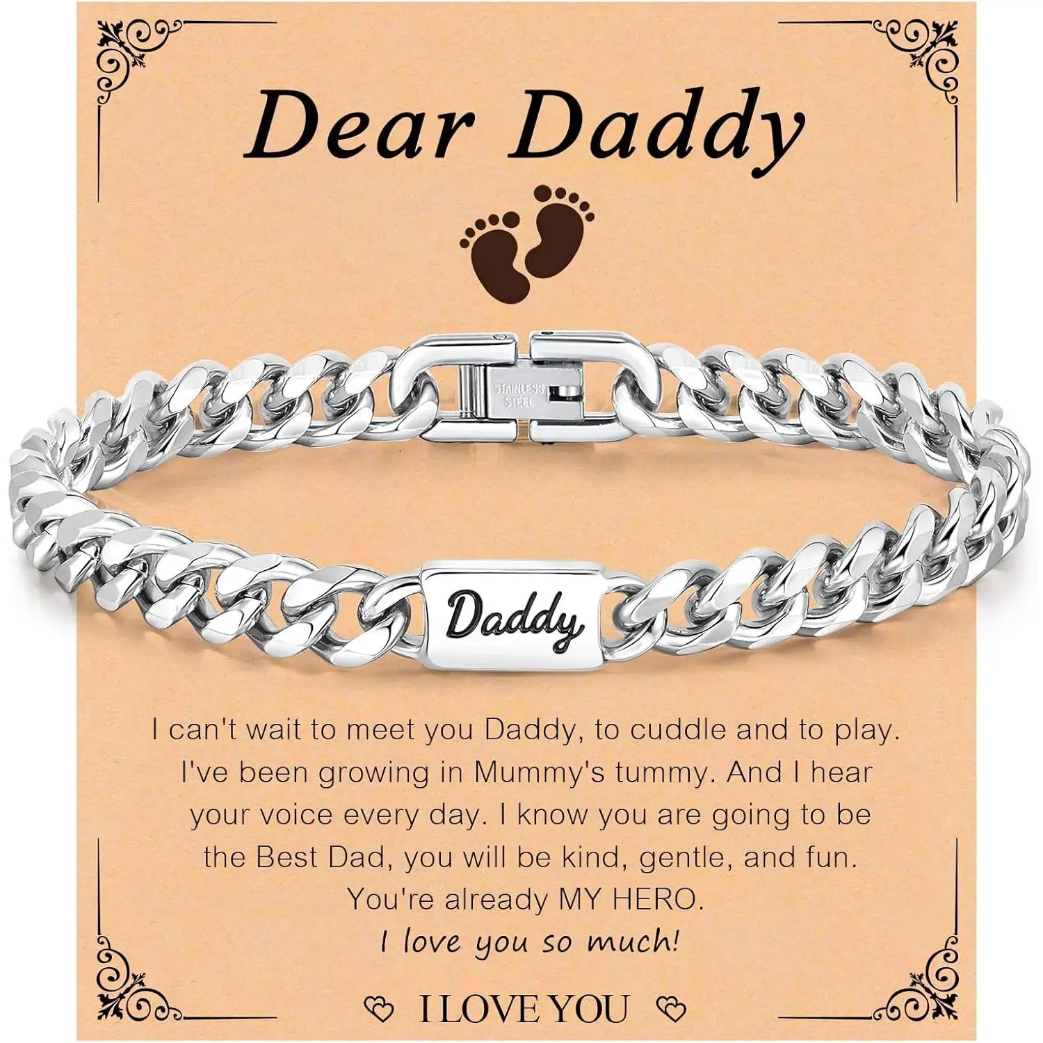 Dad Gifts for Men, First Time Dad Bracelet, Daddy to Be Stainless Steel Cuban Chain Link Bracelet, Classic  Hop Personalized Birthday Anniversary   for  Daddy Papa Stepdad Husband