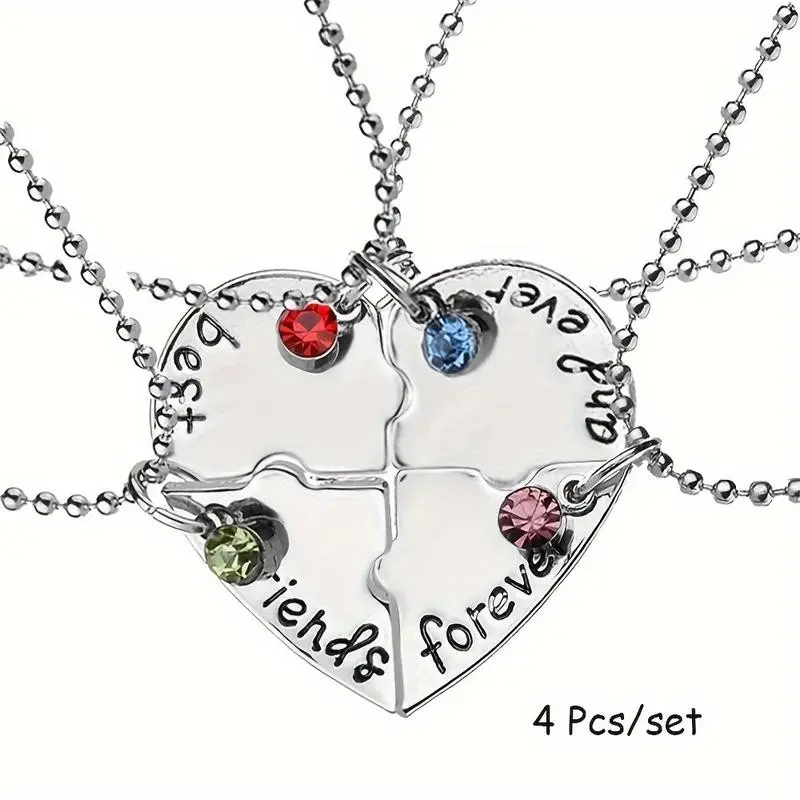 4 Pcs/Set Friendship Heart Puzzle Necklace BFF Necklaces Set for 4 - Zinc Alloy Pendant - Casual Theme Best Friends Forever Jewelry for Men & Women Over 15 Years - No Mosaic, No Plating - Perfect Gift for Best Friends