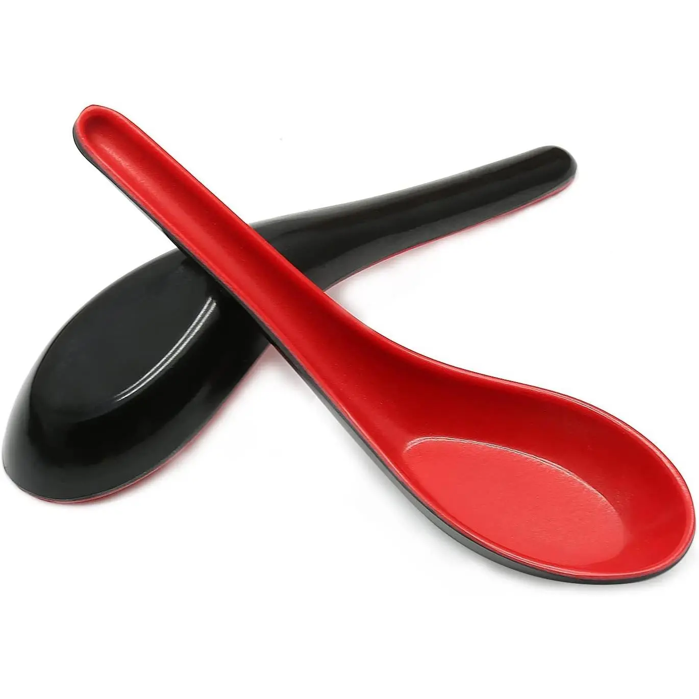 2PCS Asian Soup Spoons, Chinese Japanese Miso Ramen Wonton Dumpling Pho Rice Noodle Soba Soup Spoons, Red and Black Melamine Spoons