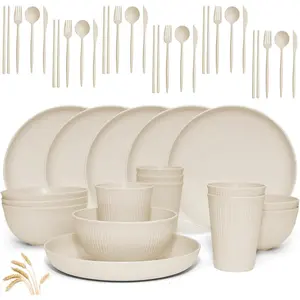 Wheat Straw Dinnerware Sets -42 Count Unbreakable Dinnerware Sets for 6, Kitchen Plates and Bowls Set, Lightweight Camping Plates Cups and Bowls Set.Dishwasher Microwave Safe Dinnerware