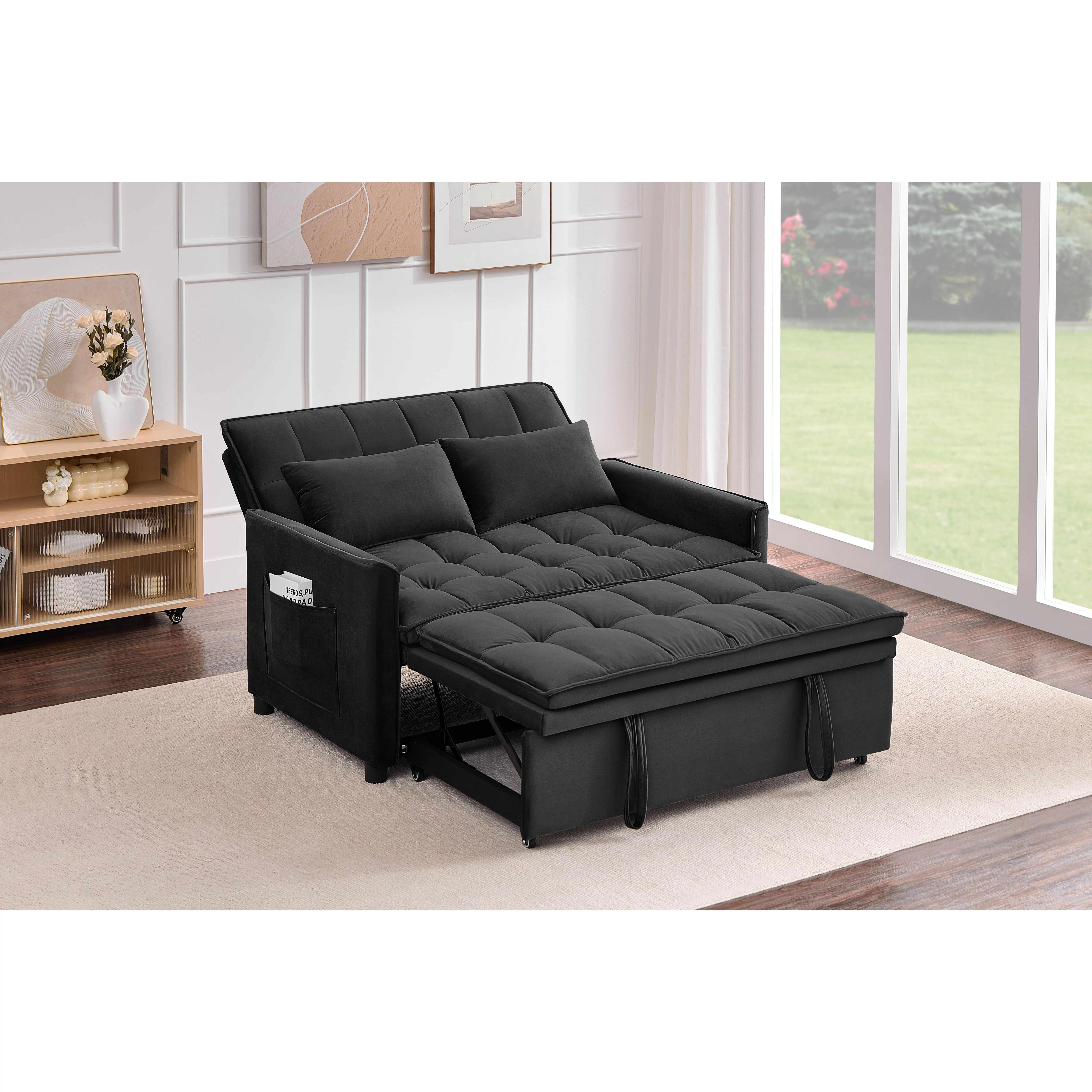 ARCH Convertible Sofa Bed 50.3" Velvet Loveseat Couch with Pull-Out Bed 5-Position Adjustable Backrest Side Storage Pocket 2-in-1 Sleeper Sofa for Small Spaces Apartment Living Room Black, Black Color Options, Velvet Material, Product Dimensions: