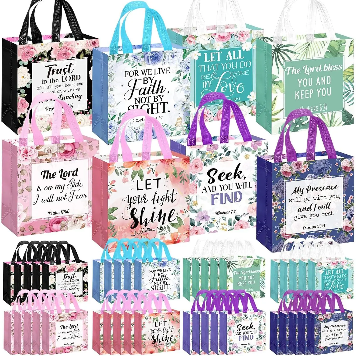 24 Pcs Religious Gift Bags Bulk for Women, Non Woven Christian Gift Bag with Handle, Reusable Flower Religious Baptism Bible Verse Tote for Eid Easter Catholic Theme Party Favors