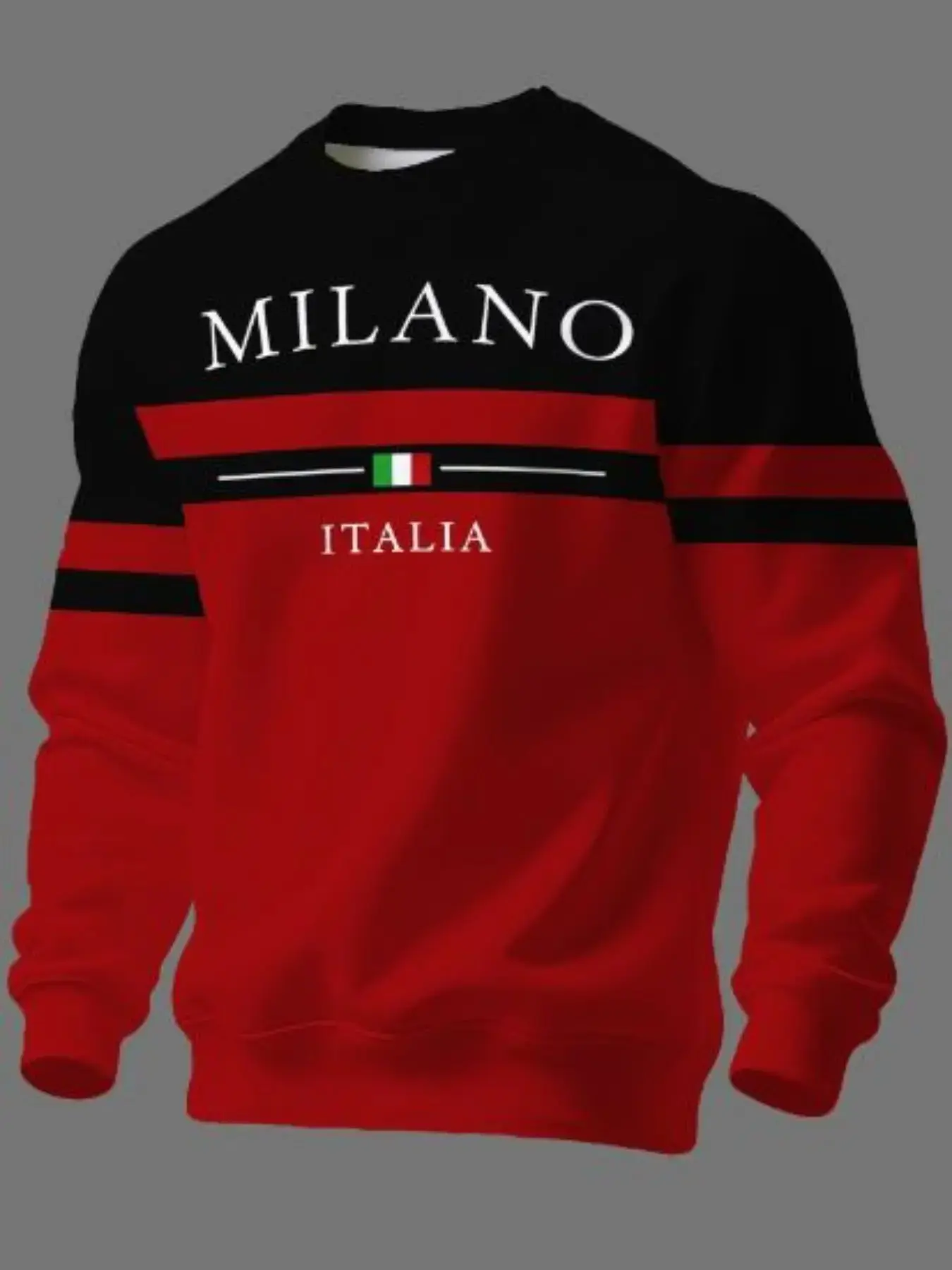 Men's Loose-Fit Casual Milan Letter Italian Flag Pattern Colorblock Stripes Round Neck Sweatshirt for Spring & Fall