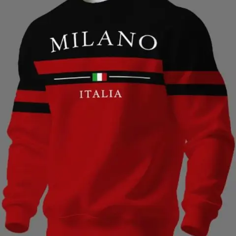 Men's Casual Sweatshirt, Long Sleeve, Milan Letter Italian Flag Pattern, Colorblock Stripes, Round Neck, Loose-Fit, Spring & Fall Fashion