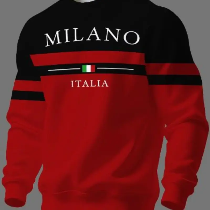 Men's Casual Sweatshirt, Long Sleeve, Milan Letter Italian Flag Pattern, Colorblock Stripes, Round Neck, Loose-Fit, Spring & Fall Fashion
