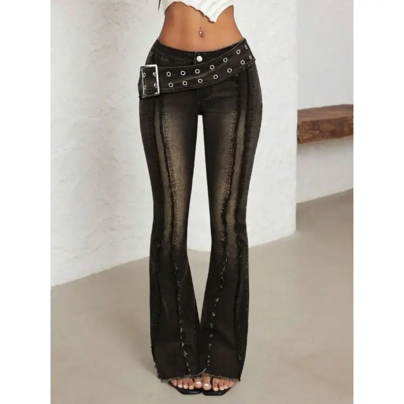Elastic Low Waist Flare Denim Jeans for Women, Bottoms, Sunflower Button, Frayed Hem, Frayed Detail, Butt Lifting, Wide Leg, Streetwear, Fashionable All-Seasons Wear, Fit Pants