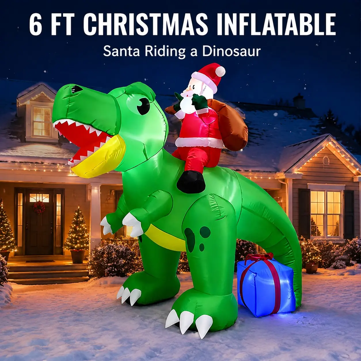 1.8m Santa Claus Riding Dinosaur Inflatable LED Light Outdoor Decor, Christmas Festival Party Display, Customizable Holiday Decoration