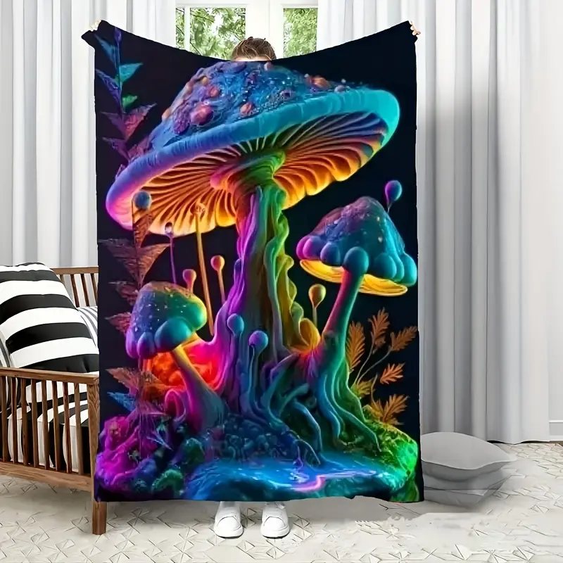 100% Polyester Colorful Mushroom Print Cozy Mushroom Velvet Digital Printed Blanket - Customized Multi-Size 1-Piece, Durable Super Soft All-Season Bedding Throw, Indoor Sofa Bed Use, Ideal Gift for Child