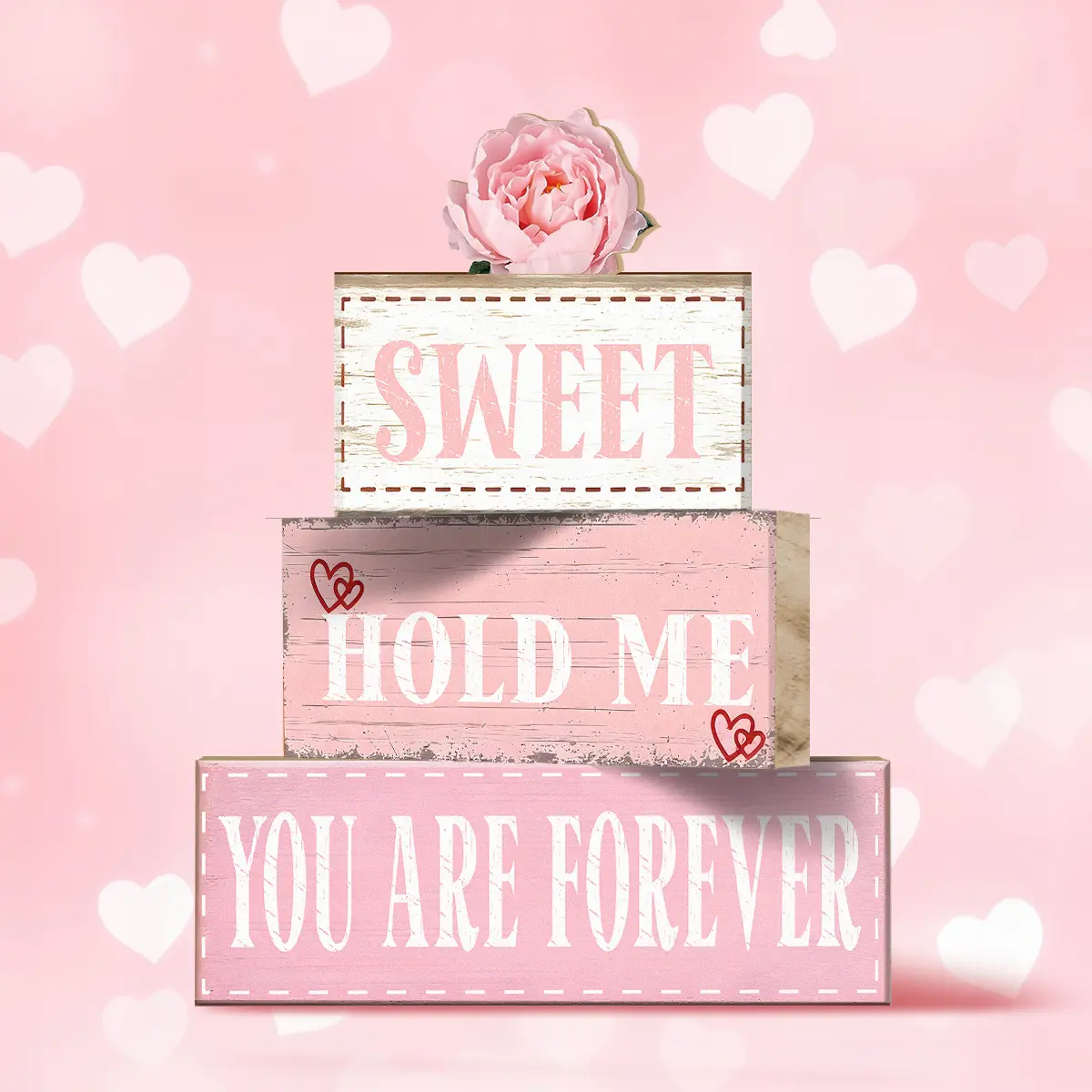 4 Pcs Valentine Table Decor Wooden Pink rose Decoration, Valentine's Day You are Forever Centerpiece, Sweet home Valentine Tiered Tray Decor Red Heart Block Signs Gift for Farmhouse Home Kitchen, valentine's day display set