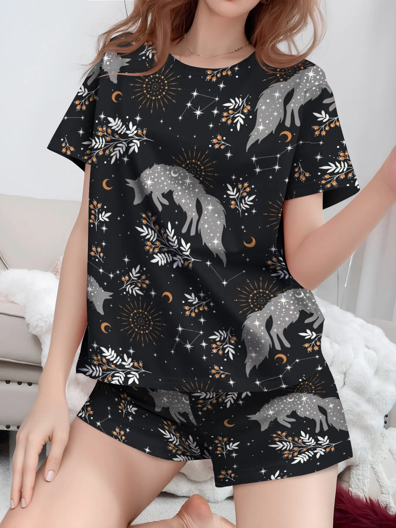 Women's Cartoon Wolf Print Tee & Shorts Pyjama Two-piece Set, PJ Set, Cartoon Pajama Set, Ladies Summer Sleepwear, Loungewear