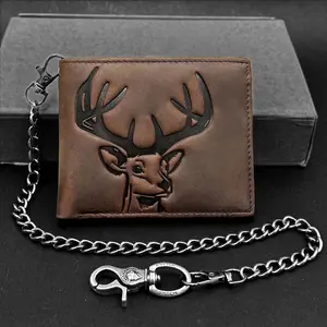 Men Genuine Cowhide Leather Bifold Wallet Slim Hunting Deer Print Card Holder