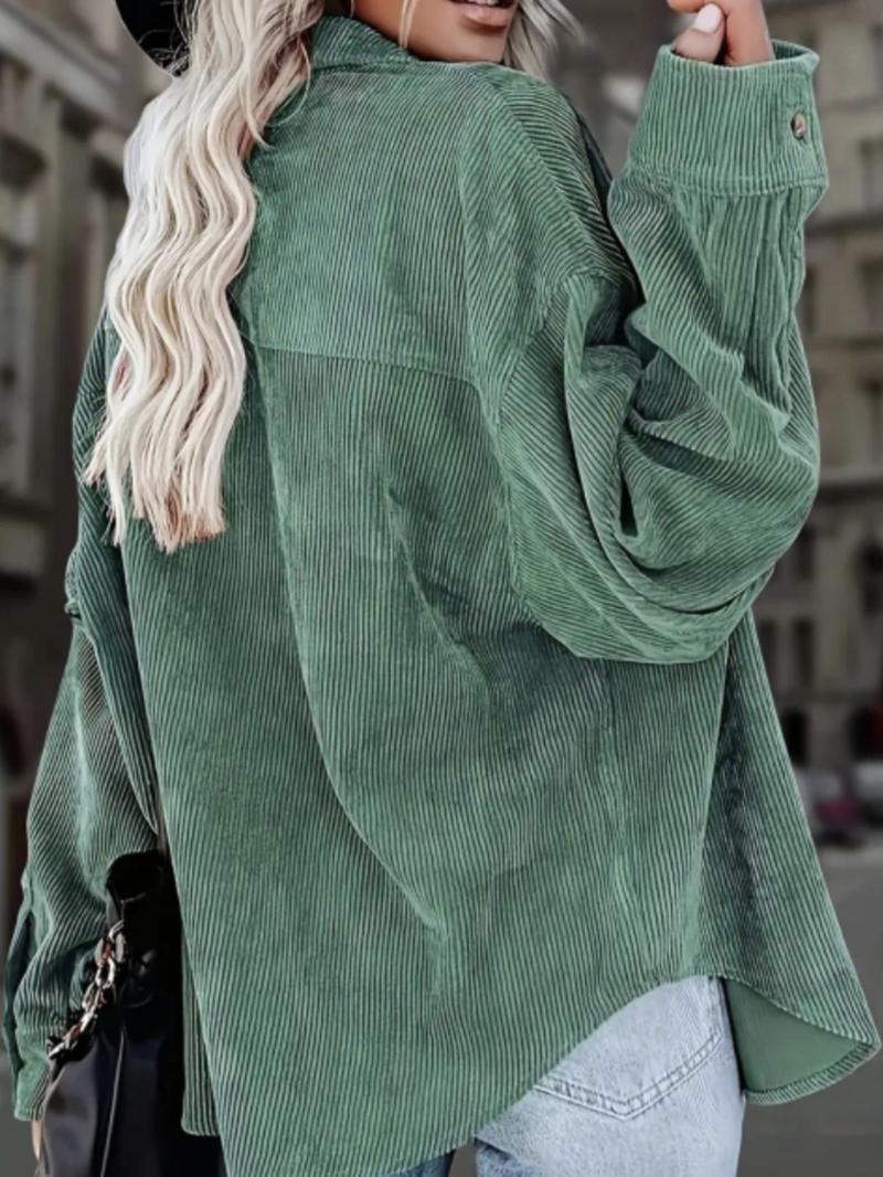 Women's Corduroy Shirt With Pocket, Drop Shoulder Style For Spring & Fall