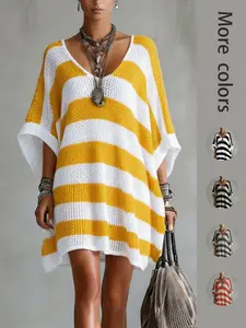 Knit Dress with Wide Stripes, Boho Style, Hollow Out Breathable V-Neck, Loose Fit, Beach Vacation Outerwear, Casual Summer Fashion