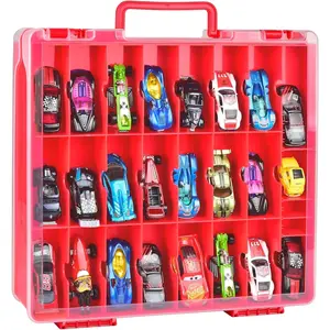 Double Sided Toy Storage Organizer Case for Hot Wheels Car, for Matchbox Cars, for Mini Toys, for Small Dolls. Carrying Box Container Carrier with 48 Compartments - Red (Box Only)(Gift)